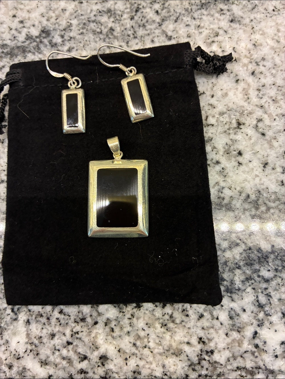 Sterling Silver Black Rectangular Pendant and Dangle Earrings Set